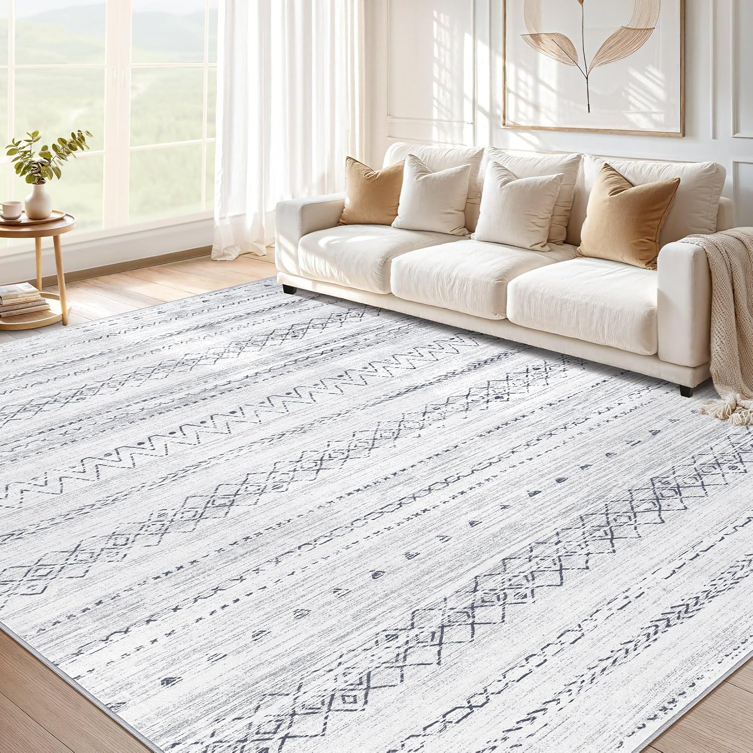 Large Living Room Area Rug 10x12: Soft Boho Moroccan Design