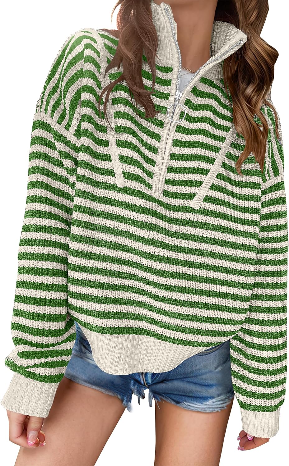 Stylish Striped Half Zip Long Sleeve Ribbed Knit Pullover for Women