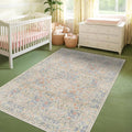 Washable Beige Blue 5x8 Area Rug - Vintage Botanical Elegance