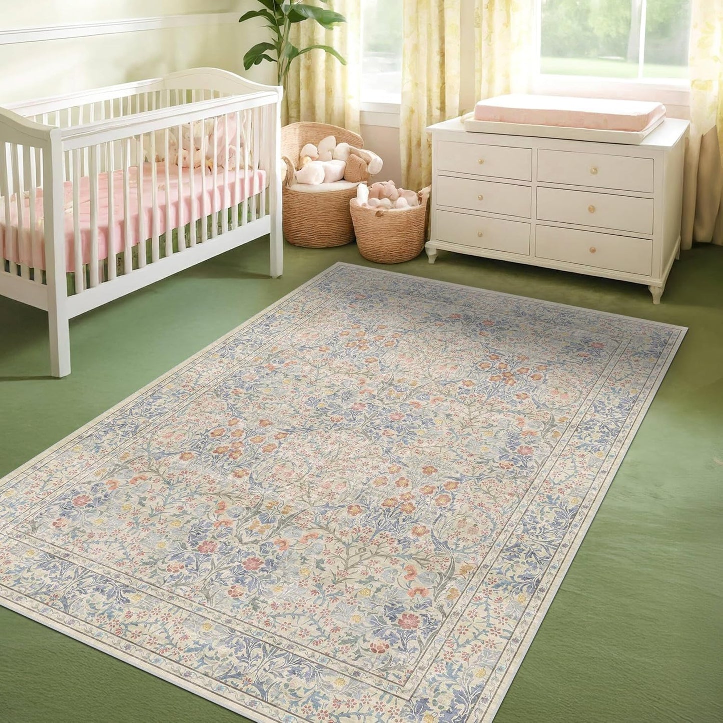 Washable Beige Blue 5x8 Area Rug for Living Room & Entryway