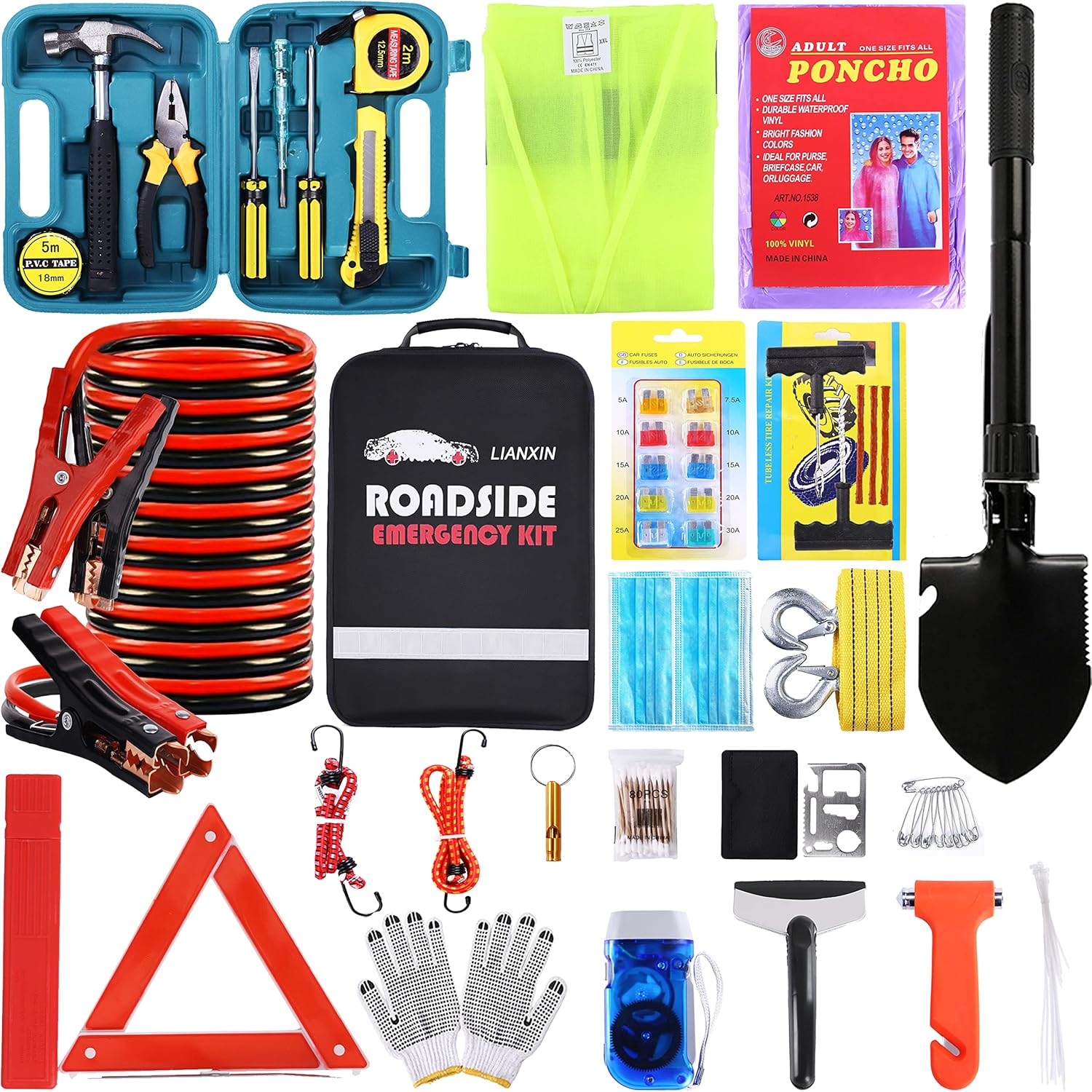 Roadside Emergency Car Kit with Jumper Cables and Tools
