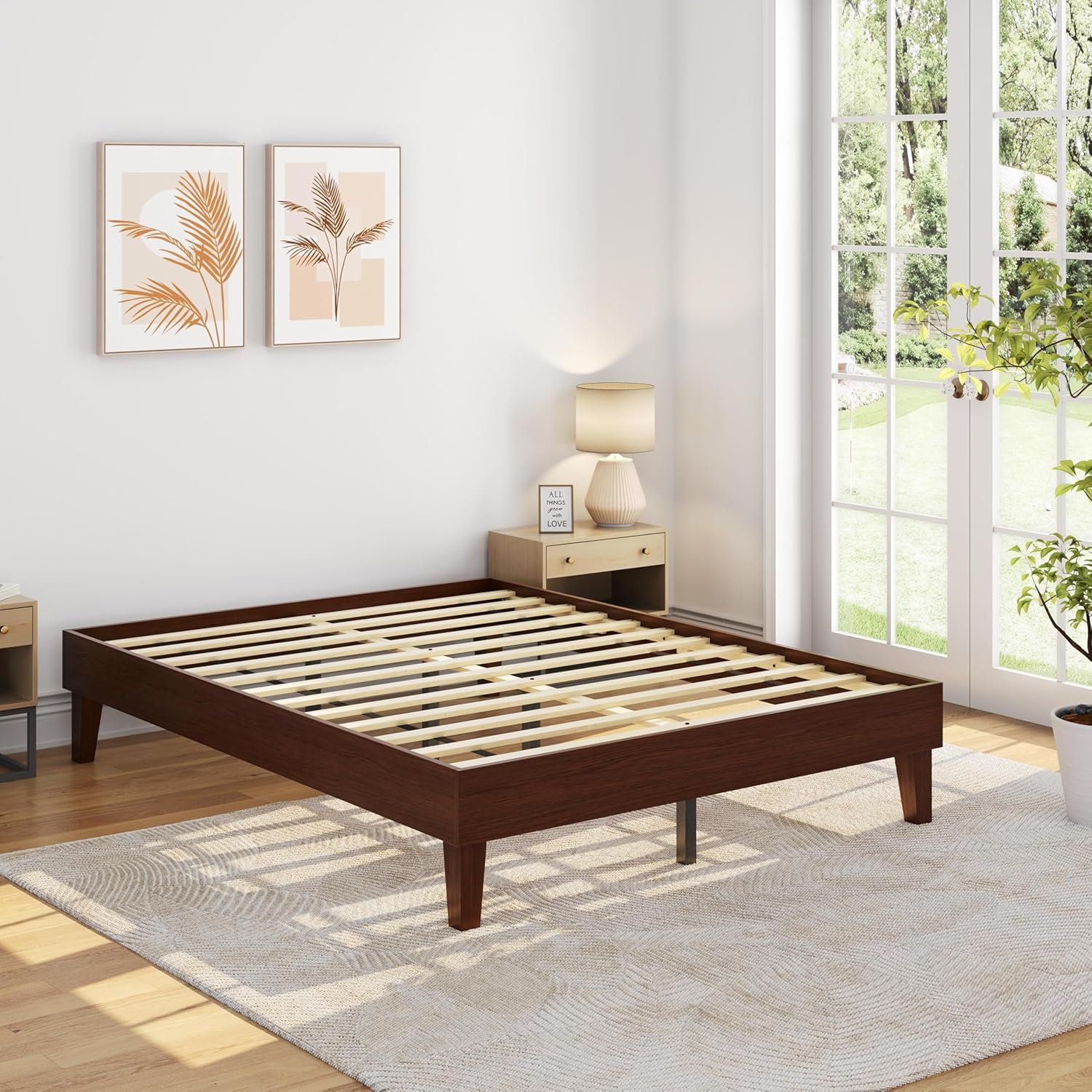 Yaheetech Queen Bed Frame Natural Solid Wood Platform Design