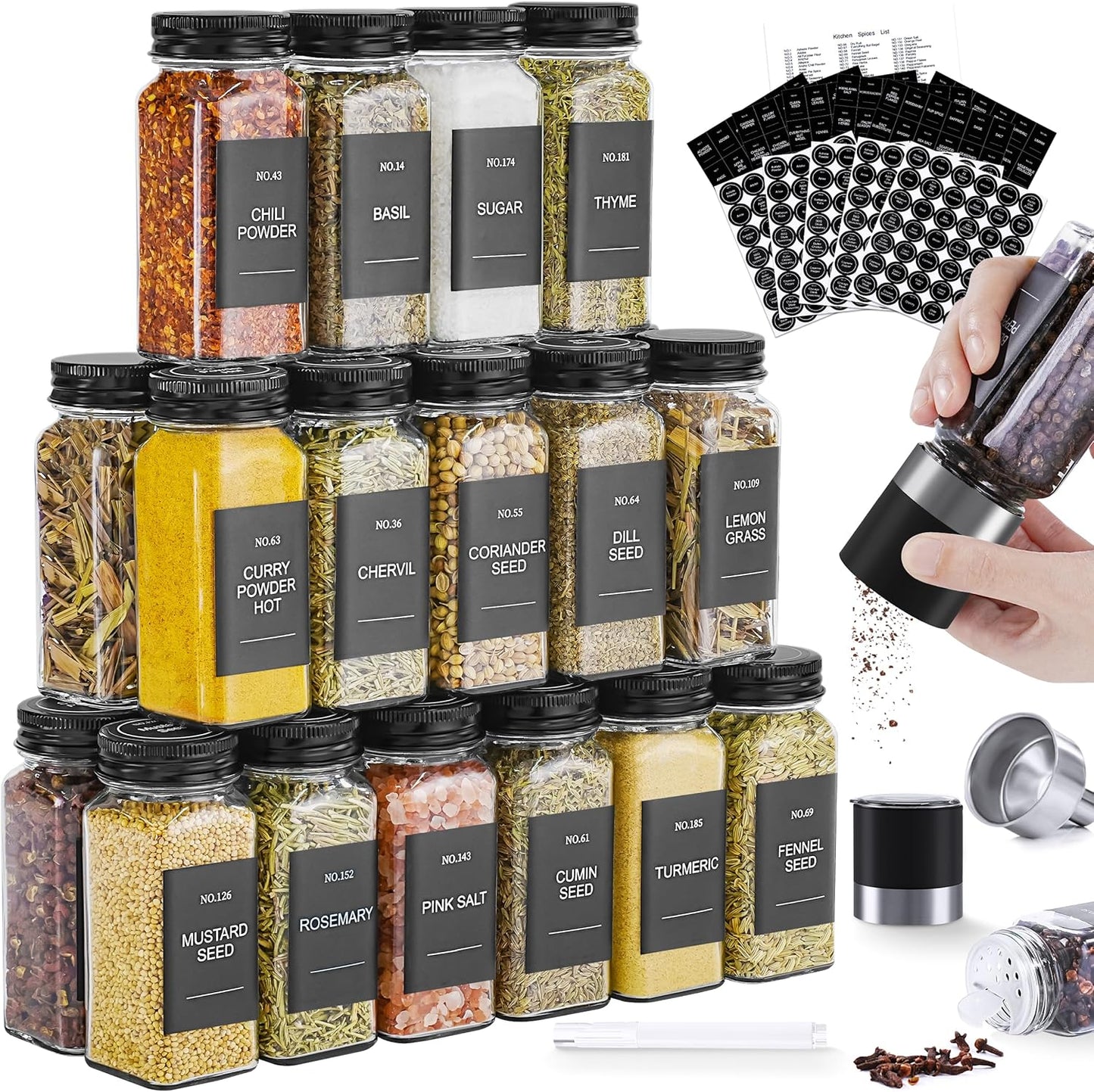 24 Pcs 4oz Glass Spice Jars Set with Shaker Lids and Labels