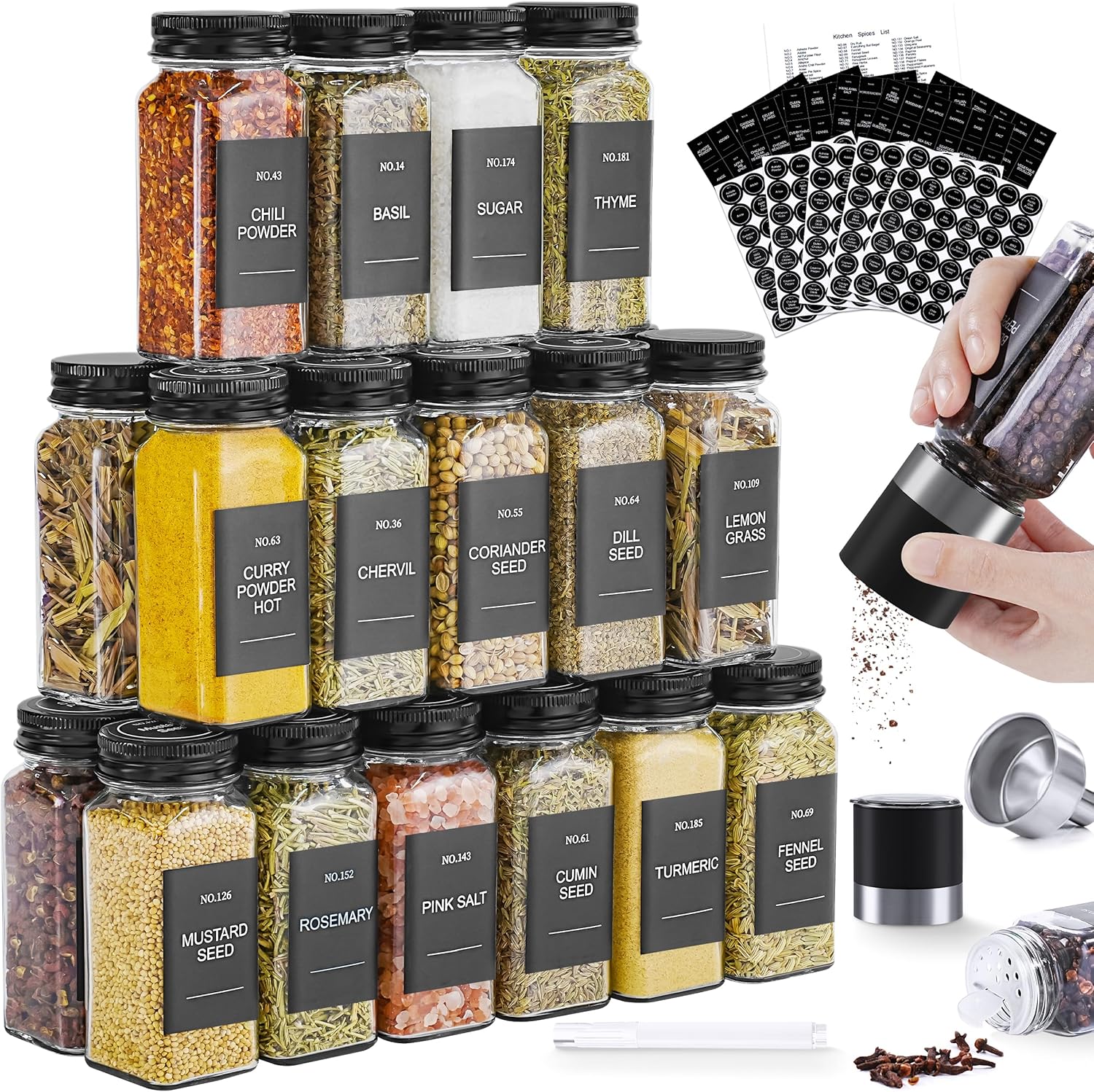 24 Pcs 4oz Glass Spice Jars Set with Shaker Lids and Labels