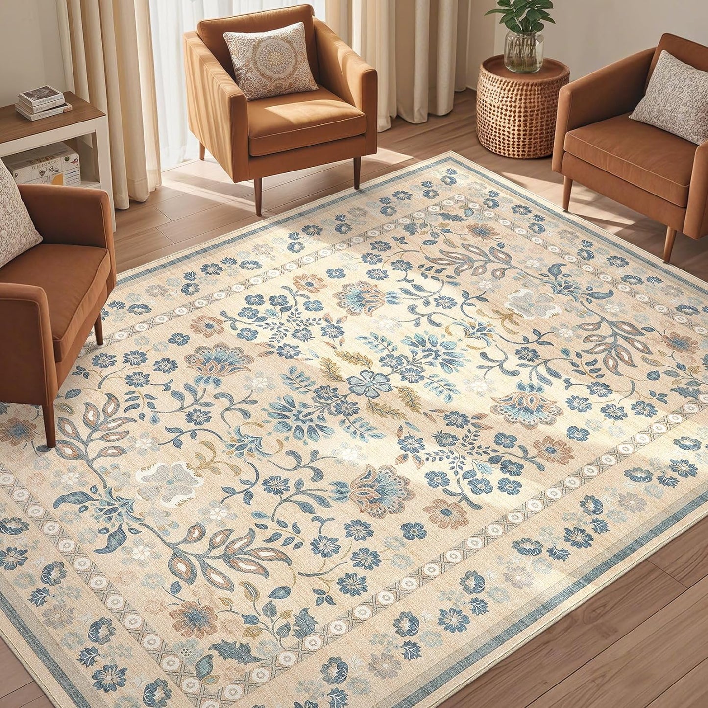5x7 Area Rug for Living Room - Washable Boho Vintage Floral