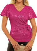 Womens Sequin Ruffle Sleeve Top - Side Tie V-Neck Sparkle