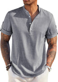 Men's Casual Henley Linen Band Collar Shirt - Summer Beach Style