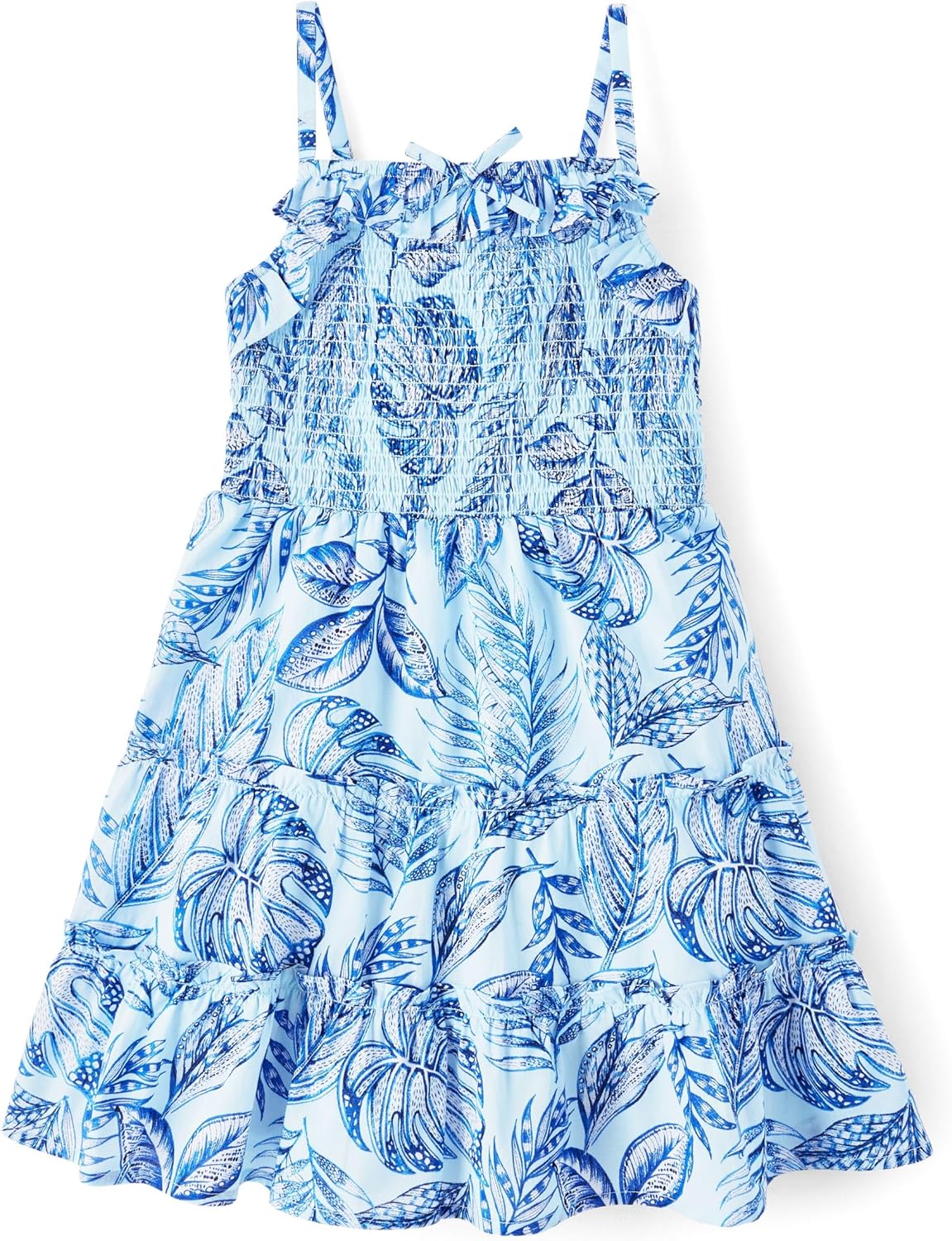 Girls' Short Sleeve Dressy Dress with Ruffle Trim and Tropical Print