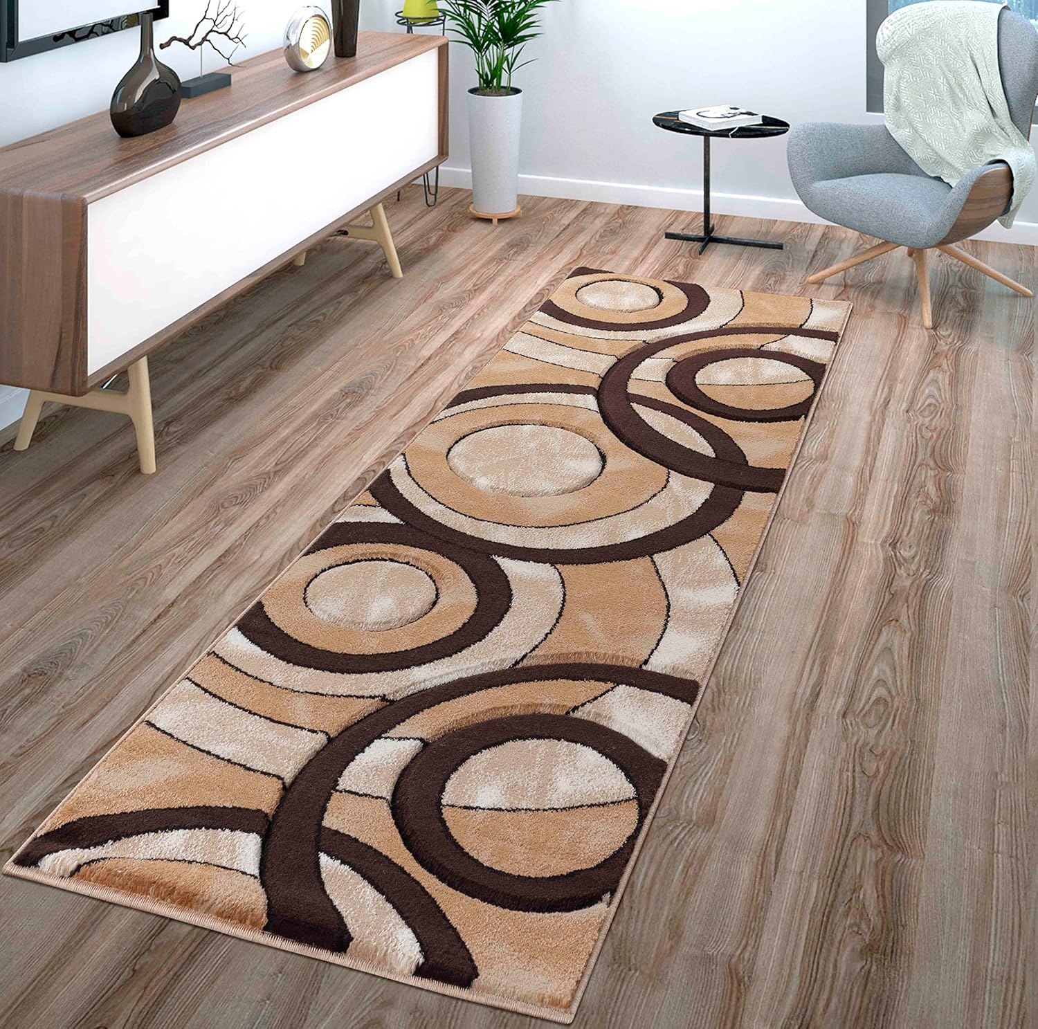 Modern Area Rug 2x7 Brown Circles Soft Hand Carved Carpet