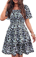 Women's Floral Boho Square Neck Short Dress - Tiered Ruffle Swing