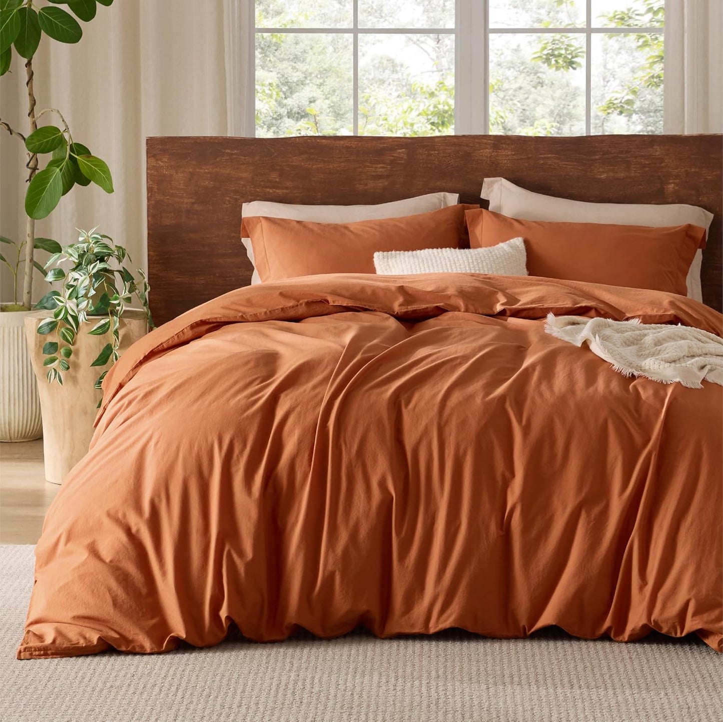 Bedsure 100% Washed Cotton Duvet Cover in Burnt Orange for Comfort