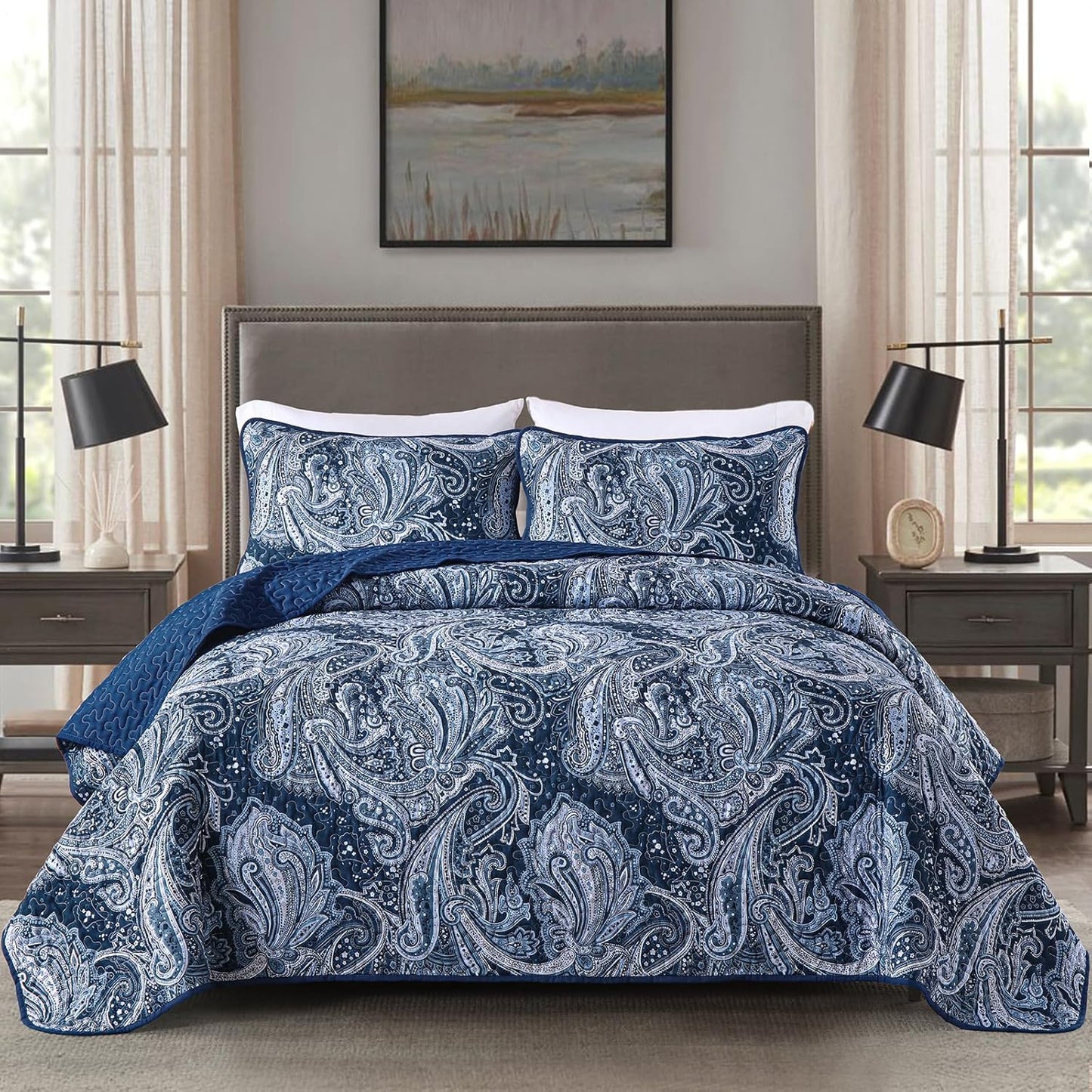 DJY Navy Paisley Quilt Set Queen Soft Lightweight Bedspread