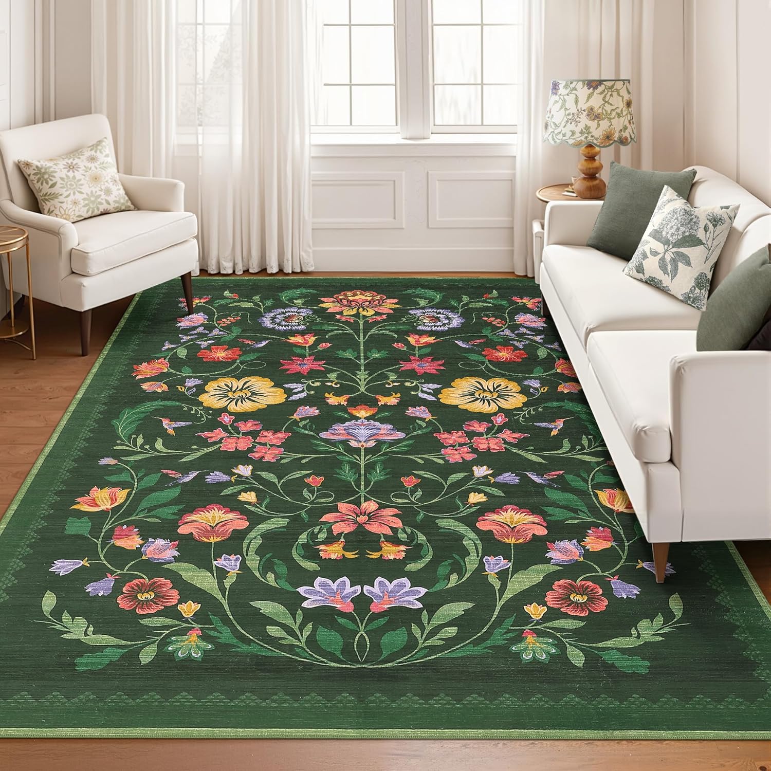 Washable 8x10 Area Rug for Living Room, Floral Vintage Design