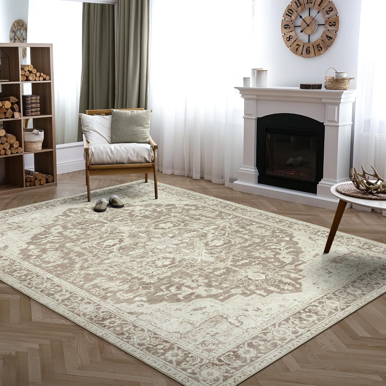 Washable Non-Slip 8ft x 10ft Light Brown Medallion Area Rug