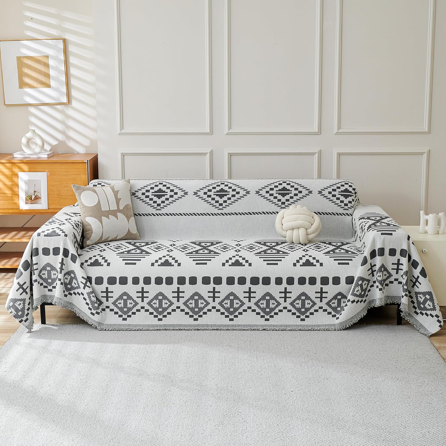 MEETSKY Boho Couch Cover for 2 Cushion Sofa, Dark Grey 71in