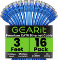 Cat 6 Ethernet Cable 16-Pack (3 ft) - Reliable 10Gbps Patch Cords