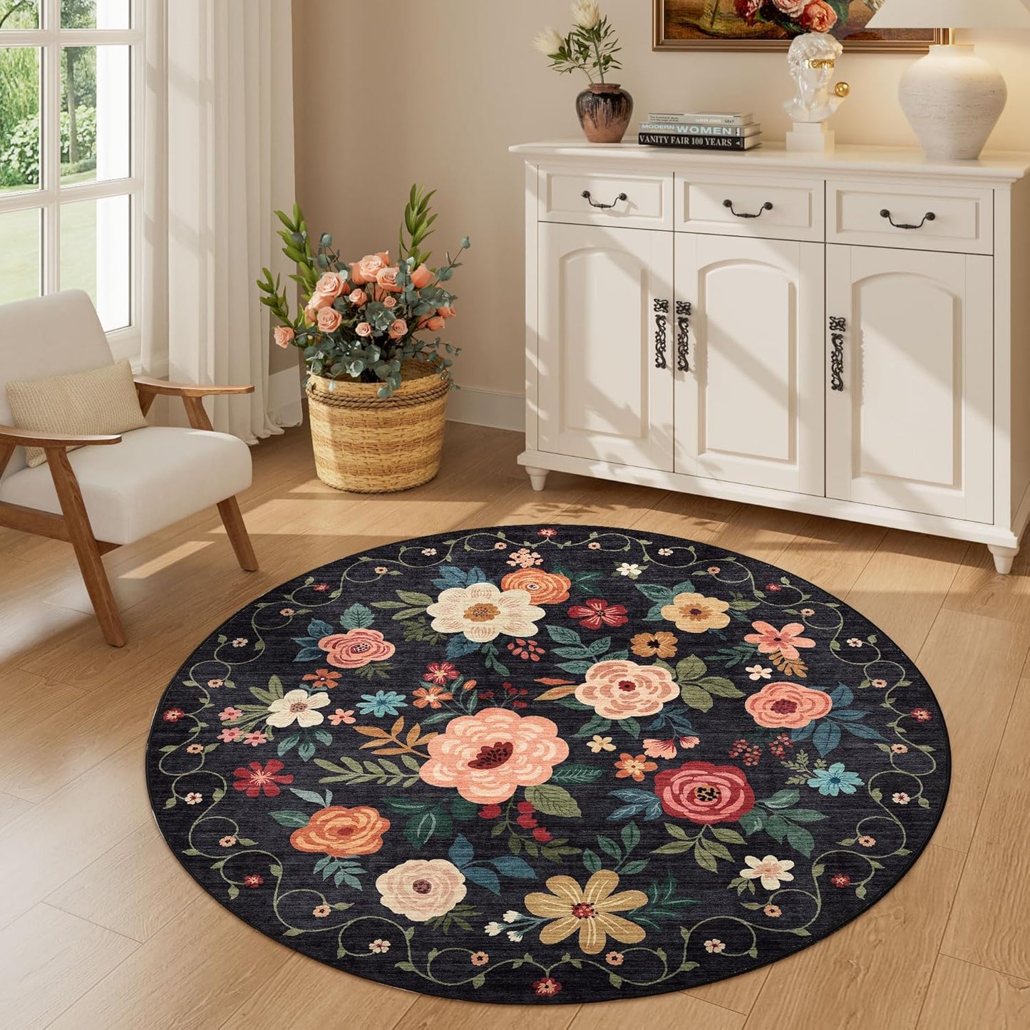 DUKINO Floral Round Rug - Soft Washable Non Slip Area Rug