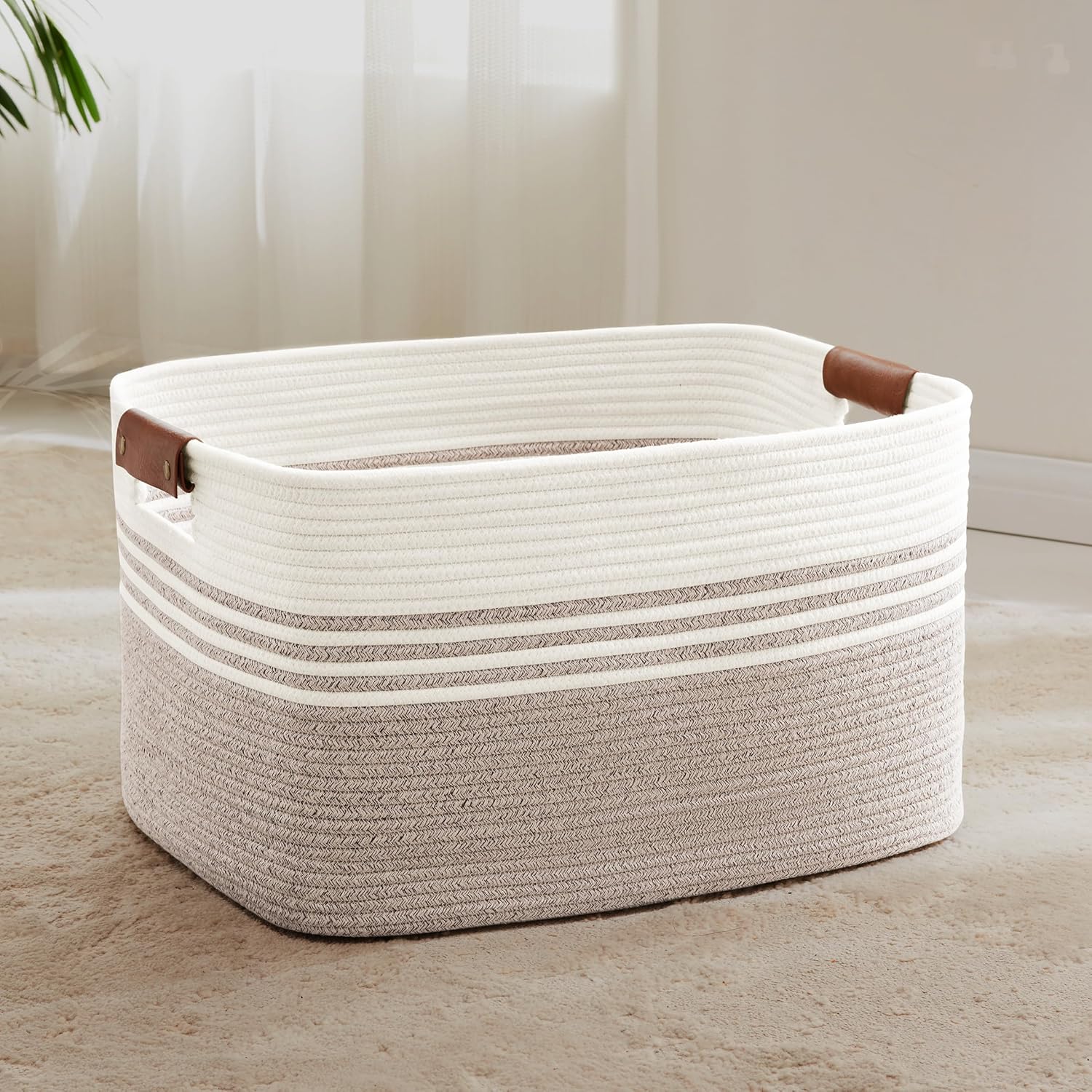 72L Large Laundry Basket with Leather Handles for Storage
