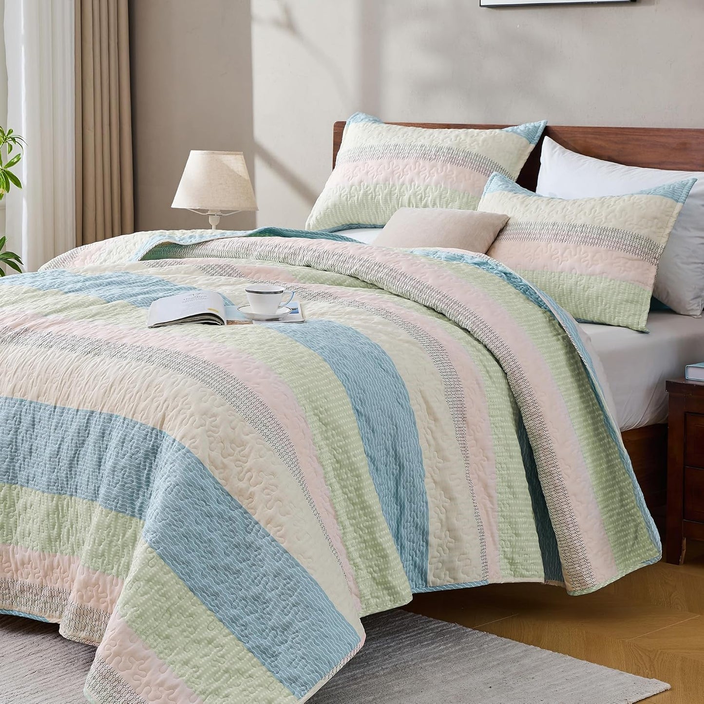Andency King Size Quilt Set Blue Pink for All Seasons Comfort
