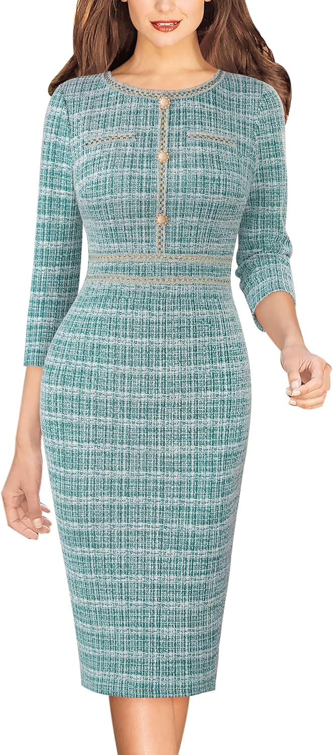 VFSHOW Womens Business Button Crew Neck Fitted Office Dress