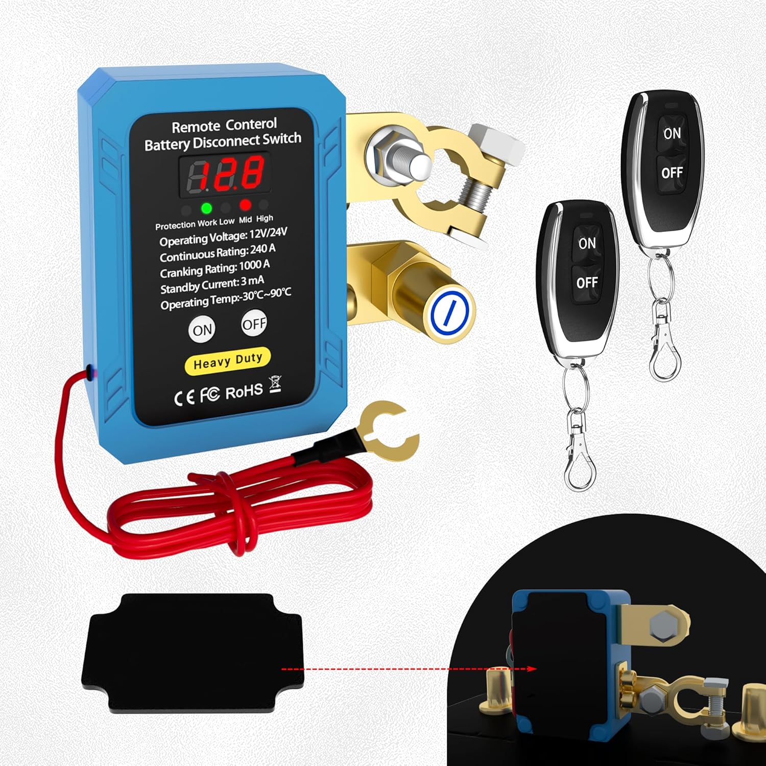 DaierTek 240A Remote Battery Disconnect Switch with Voltage Display