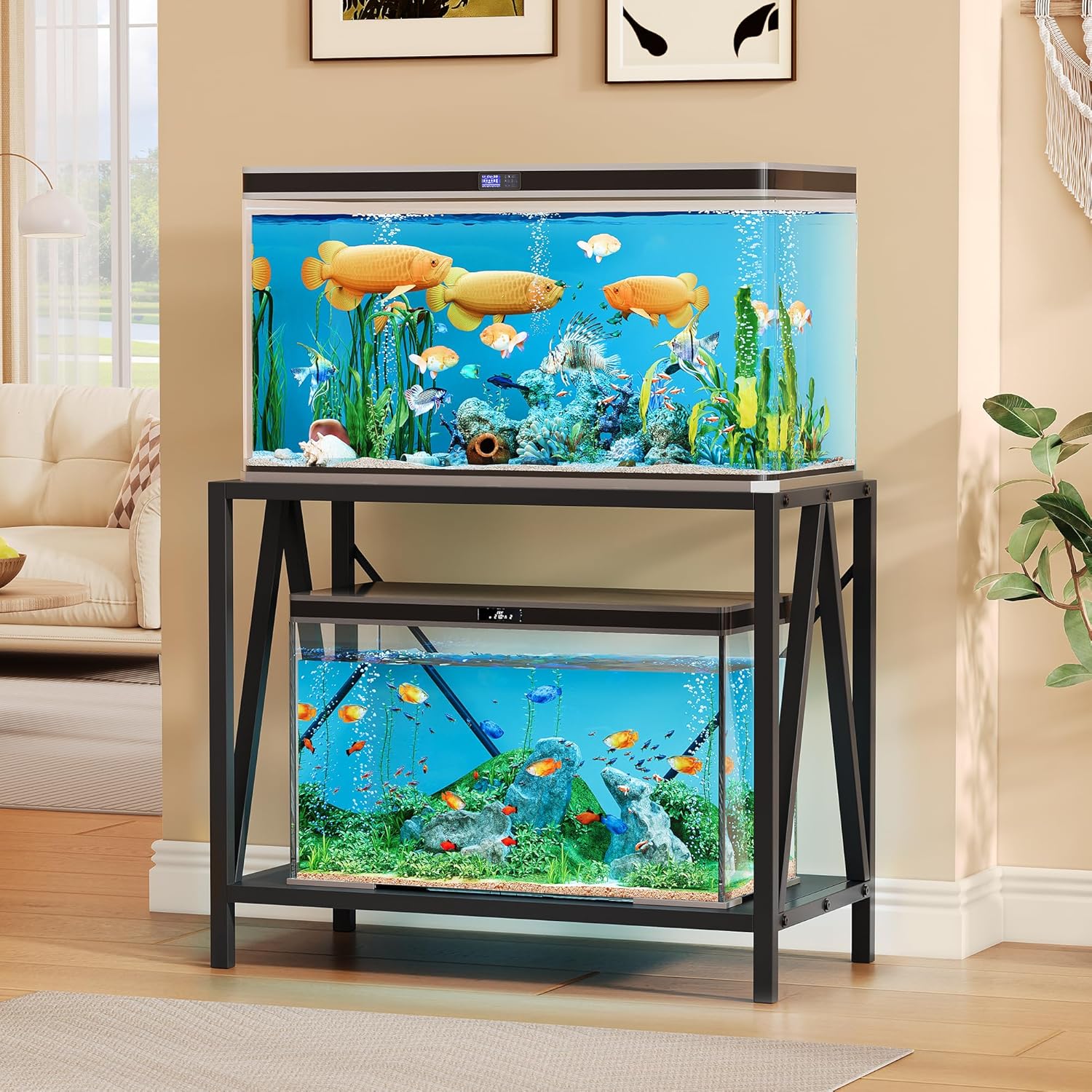 DWVO 10-40 Gallon Fish Tank Stand with Dual-Tier Storage