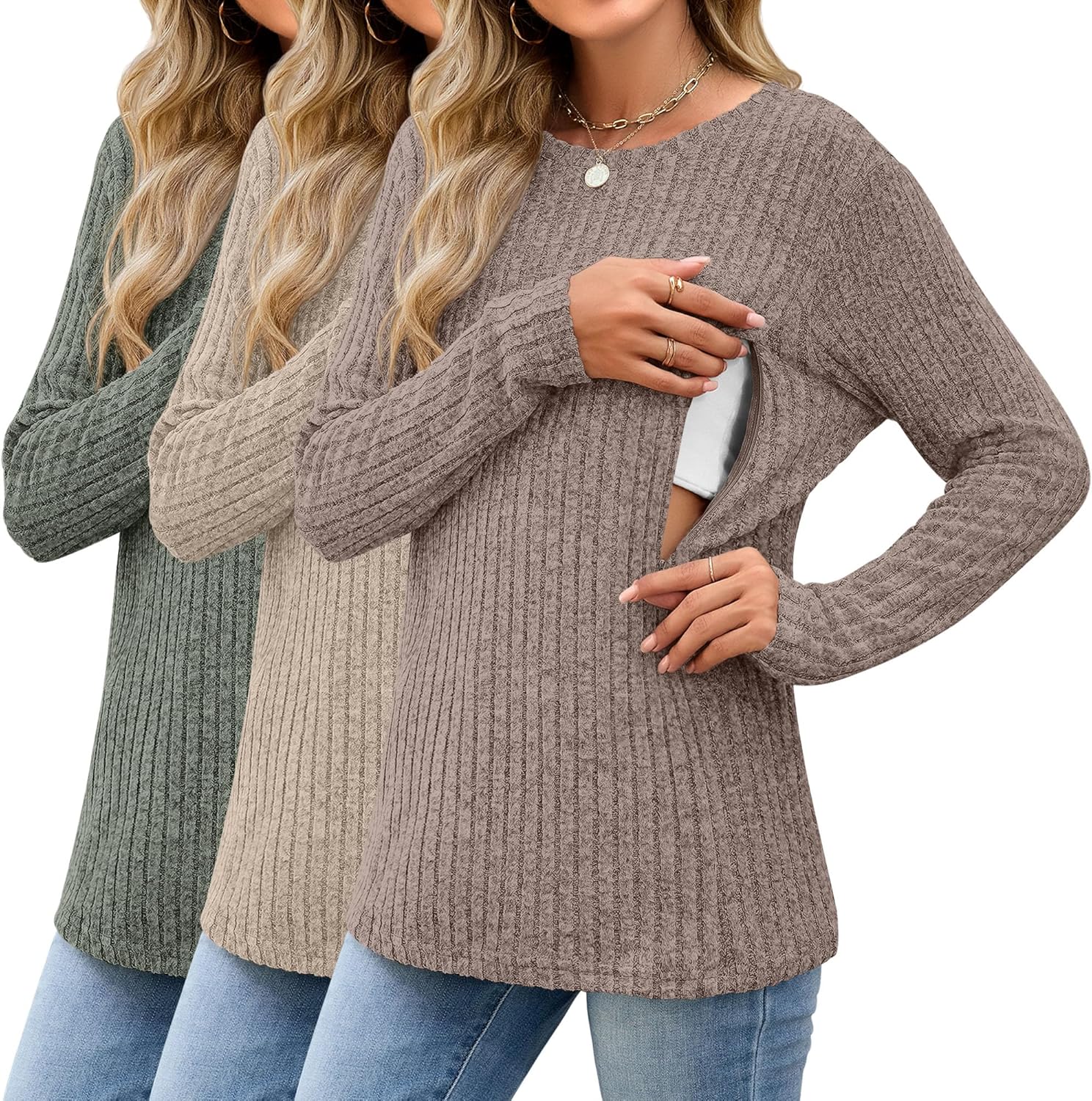Nursing Long Sleeve Tops for Breastfeeding - 3 Pack Thermal Sweaters