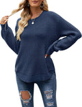 Women's Fall Waffle Knit Sweater - Long Lantern Sleeve Casual Crew