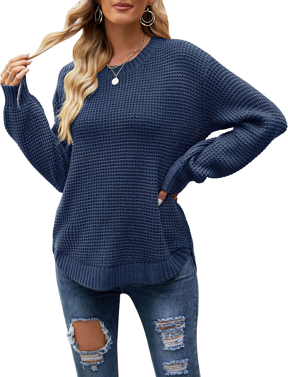 Waffle Knit Pullover Tops for Women - Casual Fall Sweater