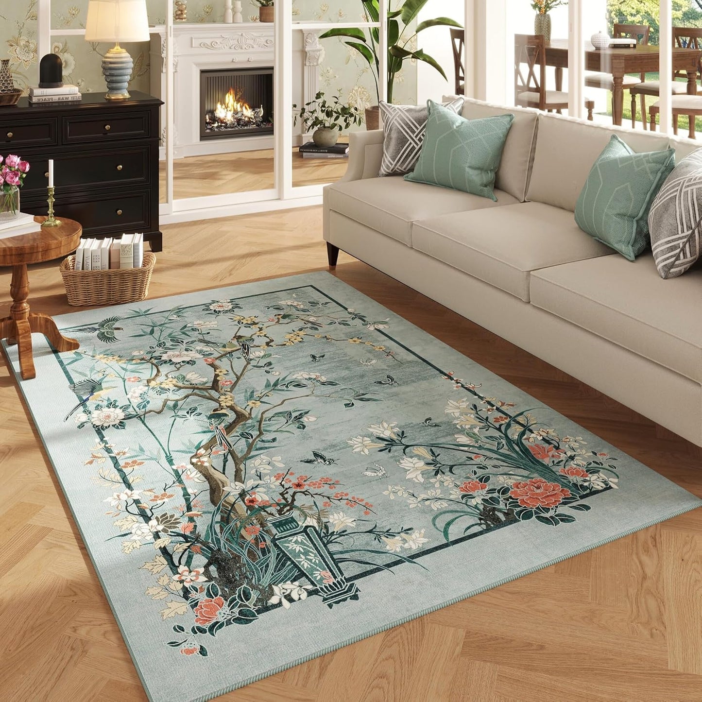 Chinoiserie-Style Floral 4x6 Rug for Bedroom and Office