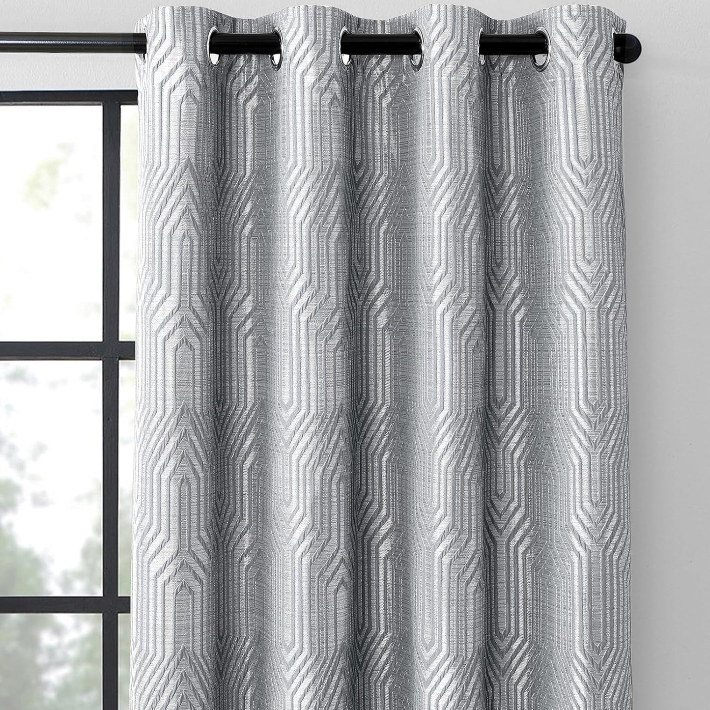 Light Grey 100% Blackout Jacquard Geometric Pattern Curtains