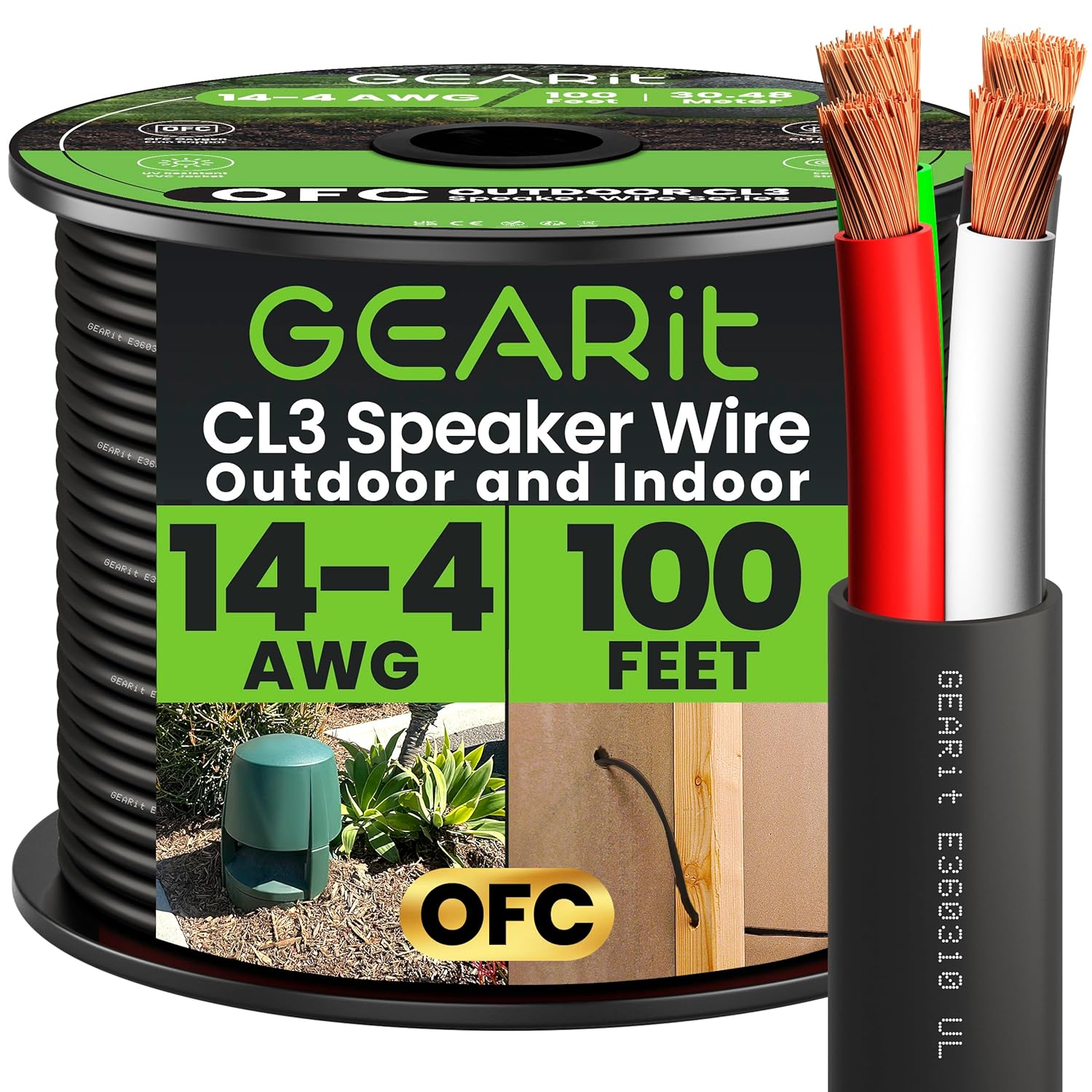 GEARit 14AWG Speaker Wire 100ft for Outdoor and In-Wall Use