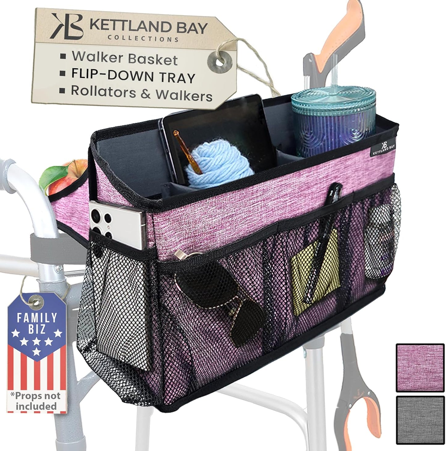 Walker Basket for Folding Walker with Flip-Down Tray and More