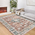 Vintage Washable Area Rug 5x7 - Low Pile Brick Red Living Room