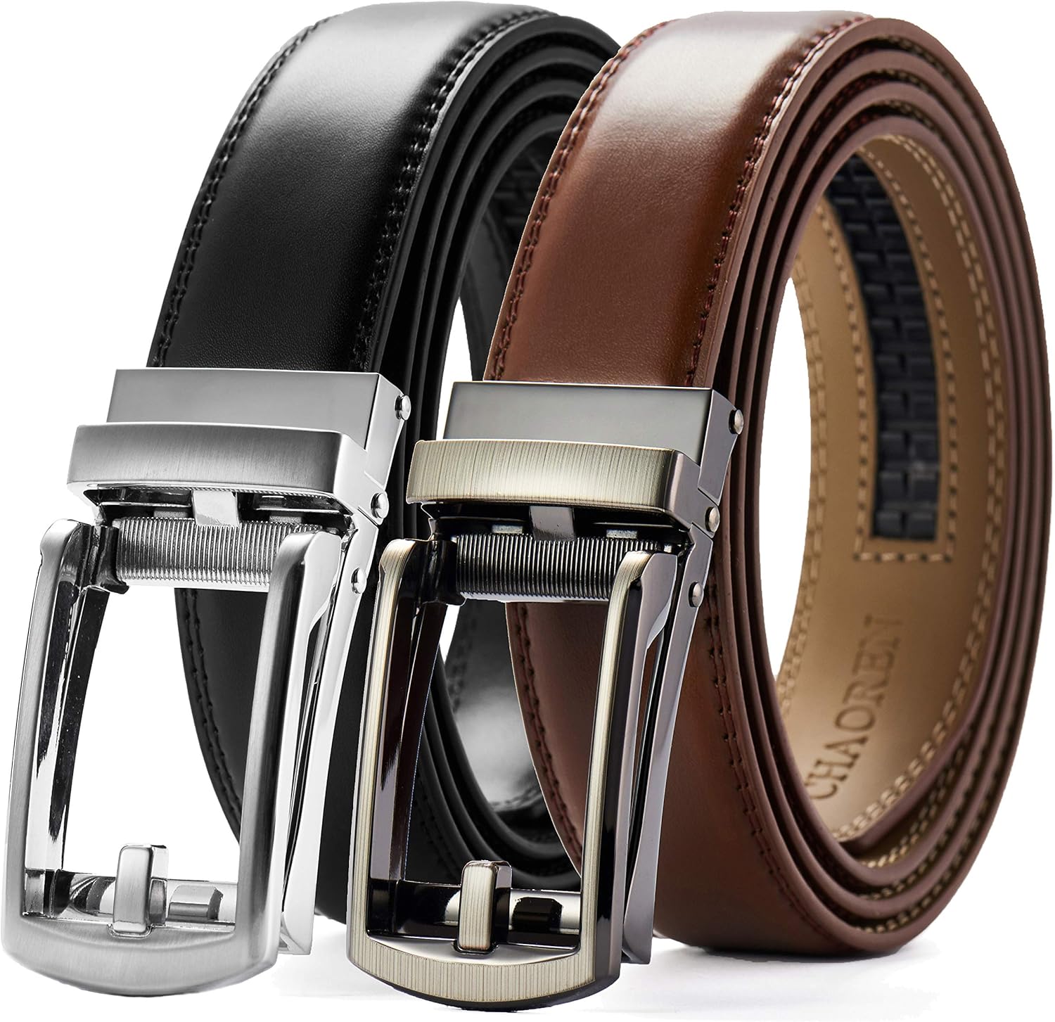 CHAOREN Men's Leather Ratchet Belt Pack of Two - Adjustable Style