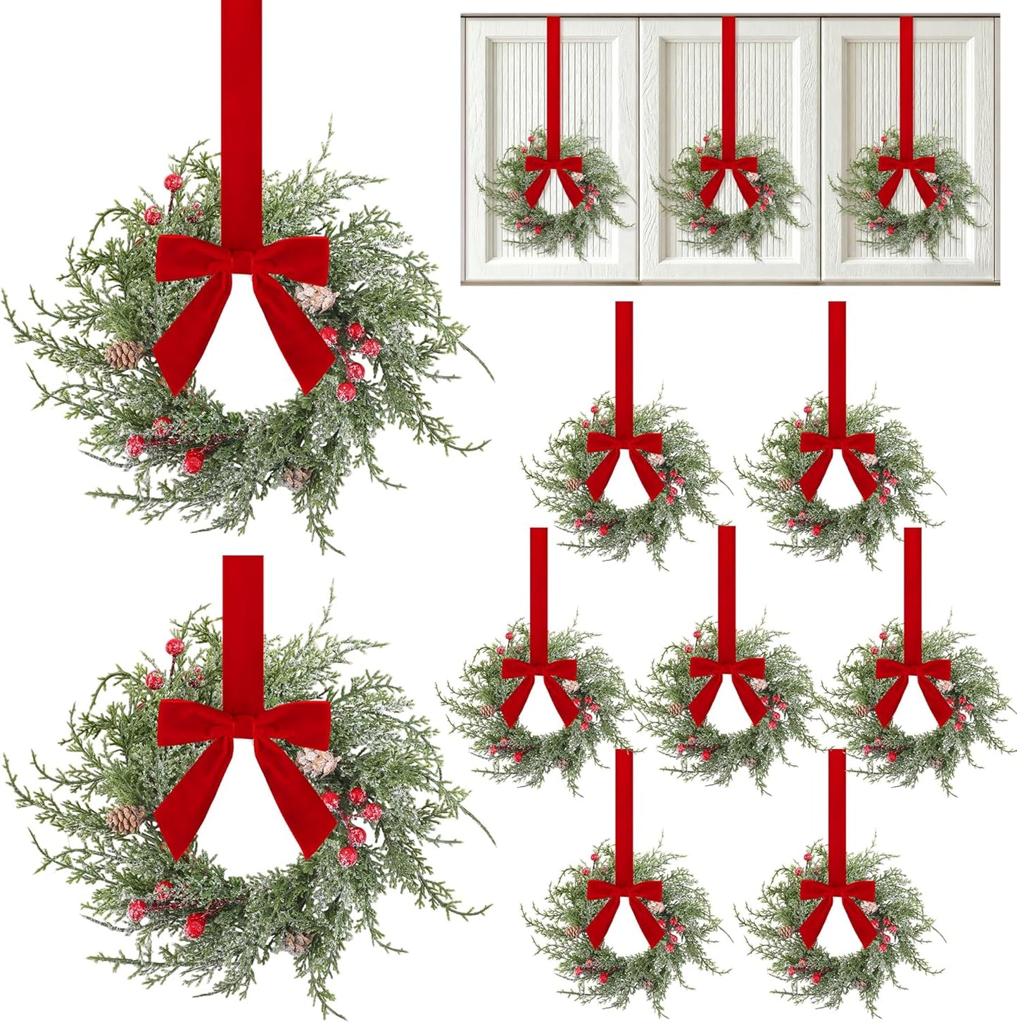 12 Pcs Mini Christmas Wreaths with Red Velvet Bow for Decor
