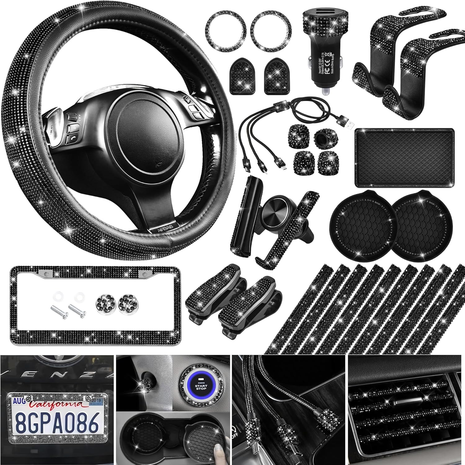 Bling Diamond Car Accessories Set for Women - 30 PCS Package