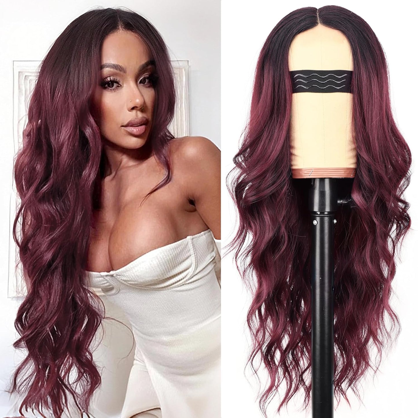 Long Red Wavy Lace Hairline Synthetic Wig for Women - 26 Inch