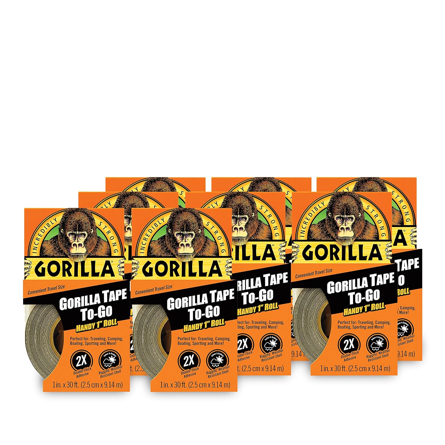 Gorilla Duct Tape to-Go, 1in x 10yd, Black, Pack of 8