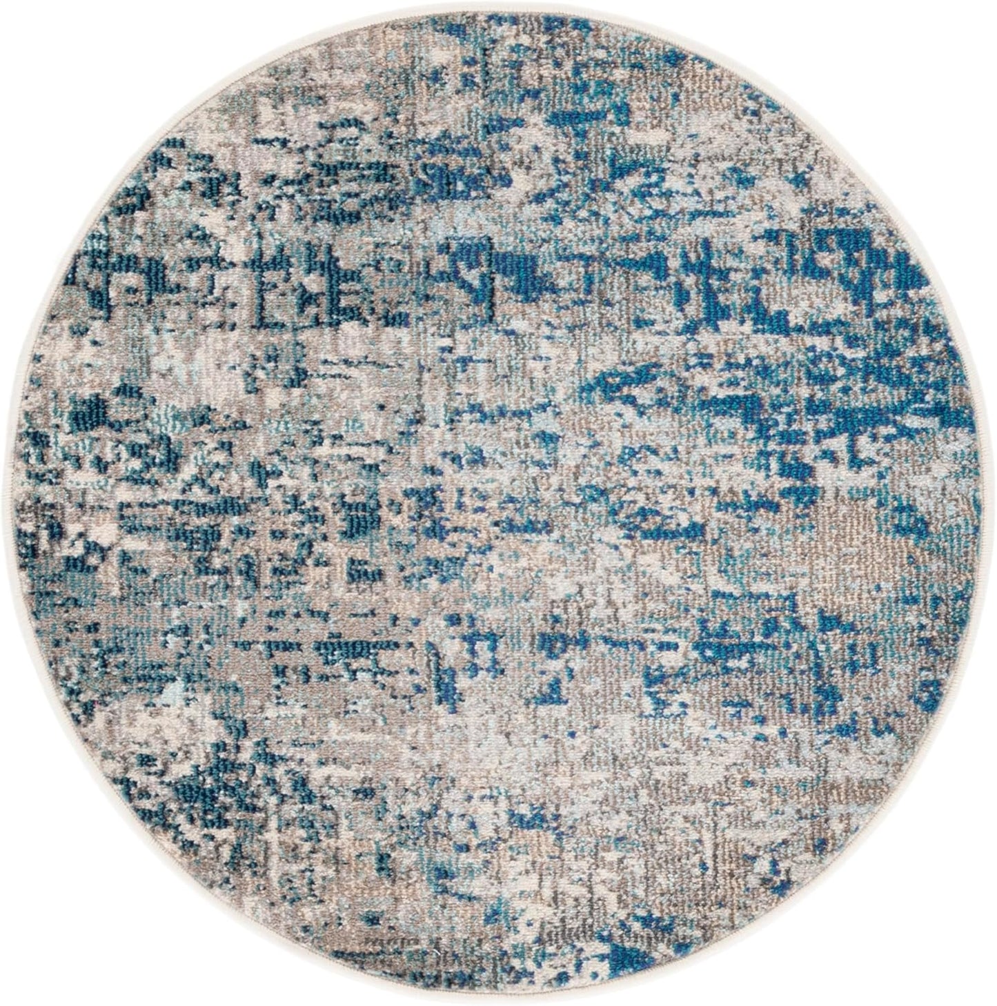 Modern Abstract Area Rug - 4ft Round Grey & Blue Design