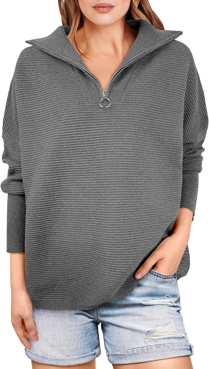 ANRABESS Women Quarter Zip Oversized Cozy Pullover Sweater