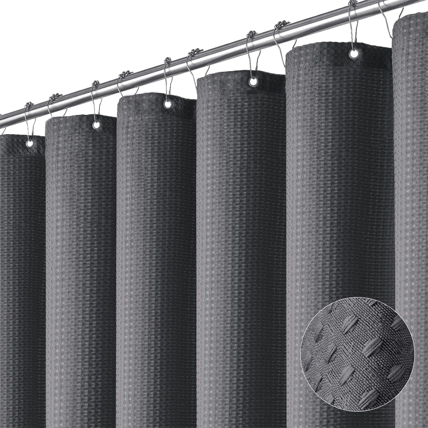 Hotel Luxury Charcoal Grey Shower Curtain - Heavy Duty Waffle Weave, 256GSM Cloth, 12 Hooks