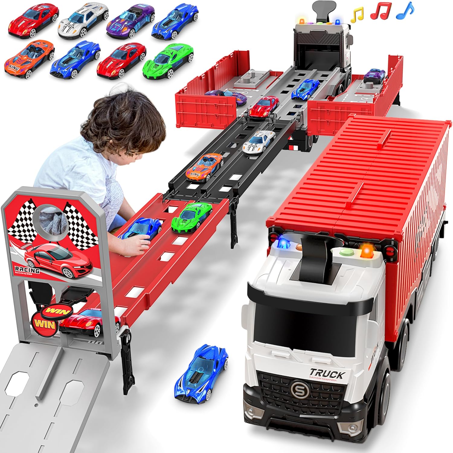 Carrier Truck Race Track Playset for Kids with 8 Race Cars