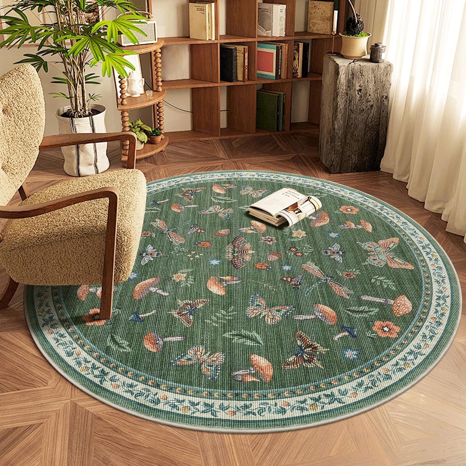 Mushroom Insect 5ft Round Rug Washable Non-Slip Soft Carpet