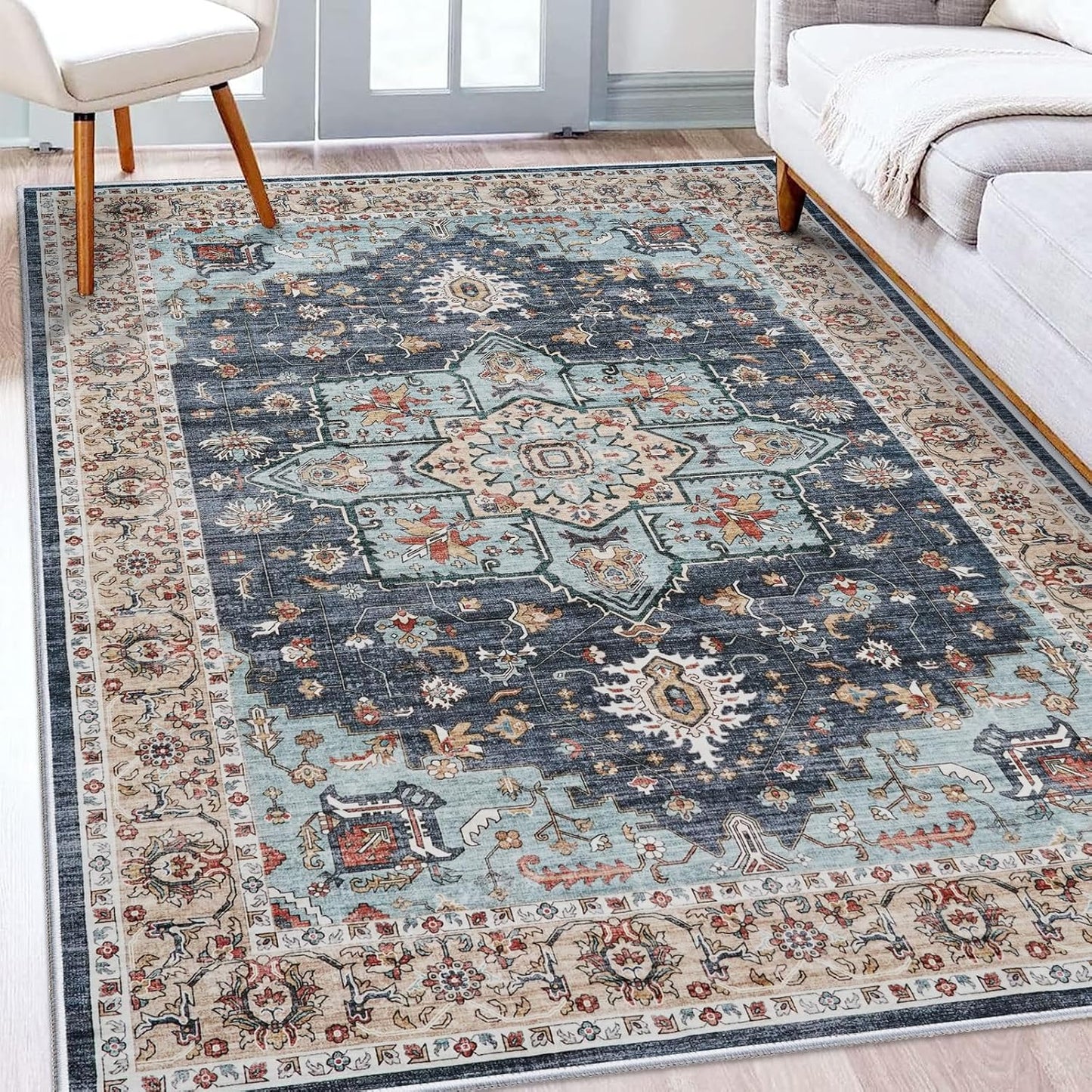 Washable Oriental Area Rug 5x8 for Living Room and Bedroom