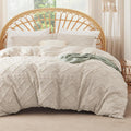 Queen Boho Duvet Cover Set Beige with Fitted Sheet - 4 Piece