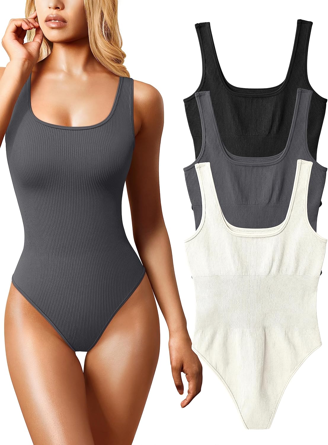 OQQ Women's 3 Piece Bodysuits: Sexy Ribbed Sleeveless Tops