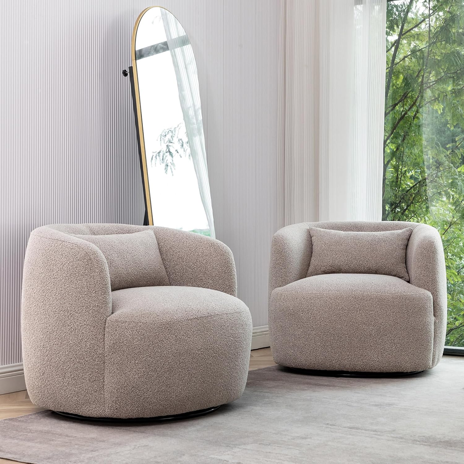 Kinwell 34 Wide Swivel Barrel Chairs Set - No Assembly, Cozy Taupe Upholstery