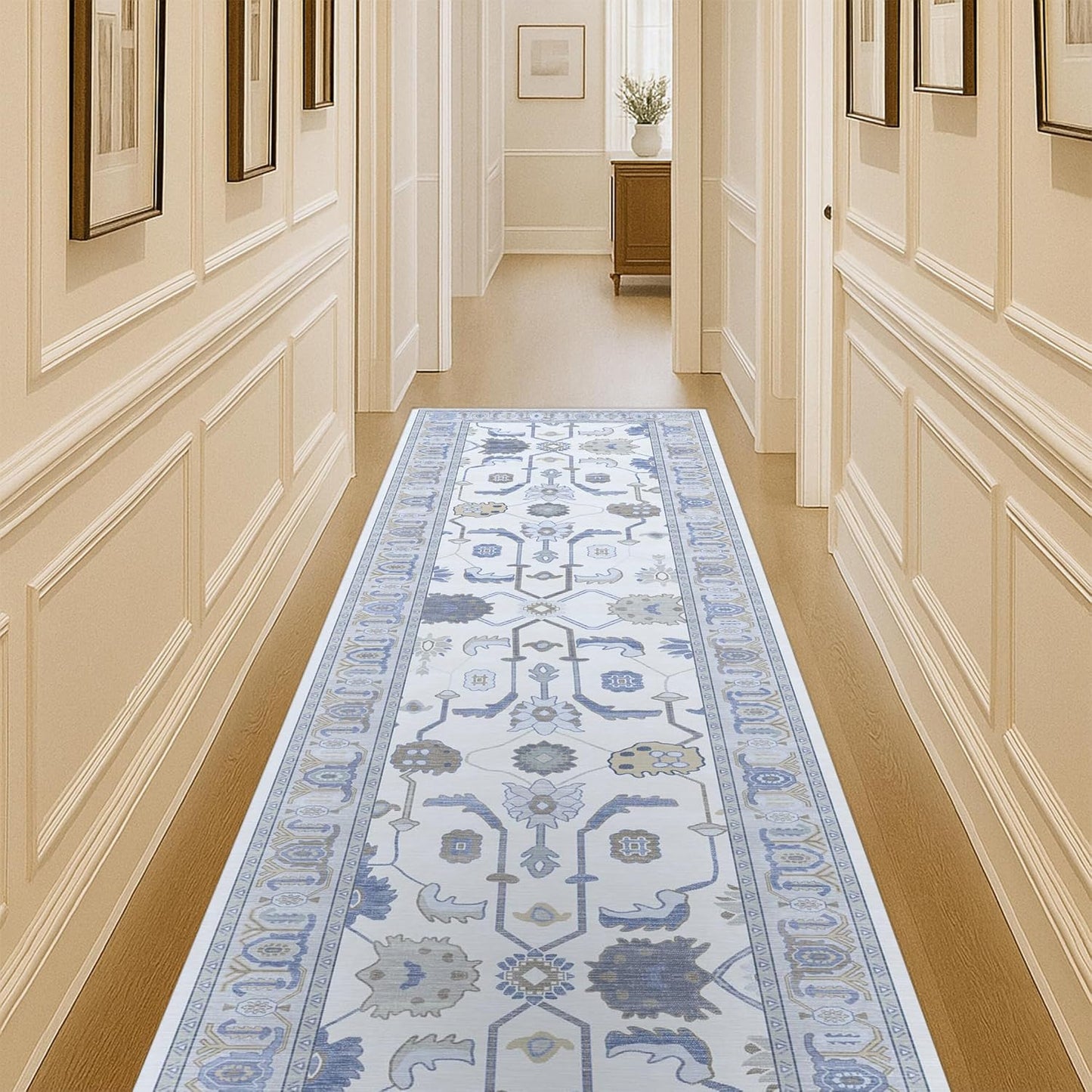 Cream Blue Oushak Runner Rug for Hallway and Bedroom Use