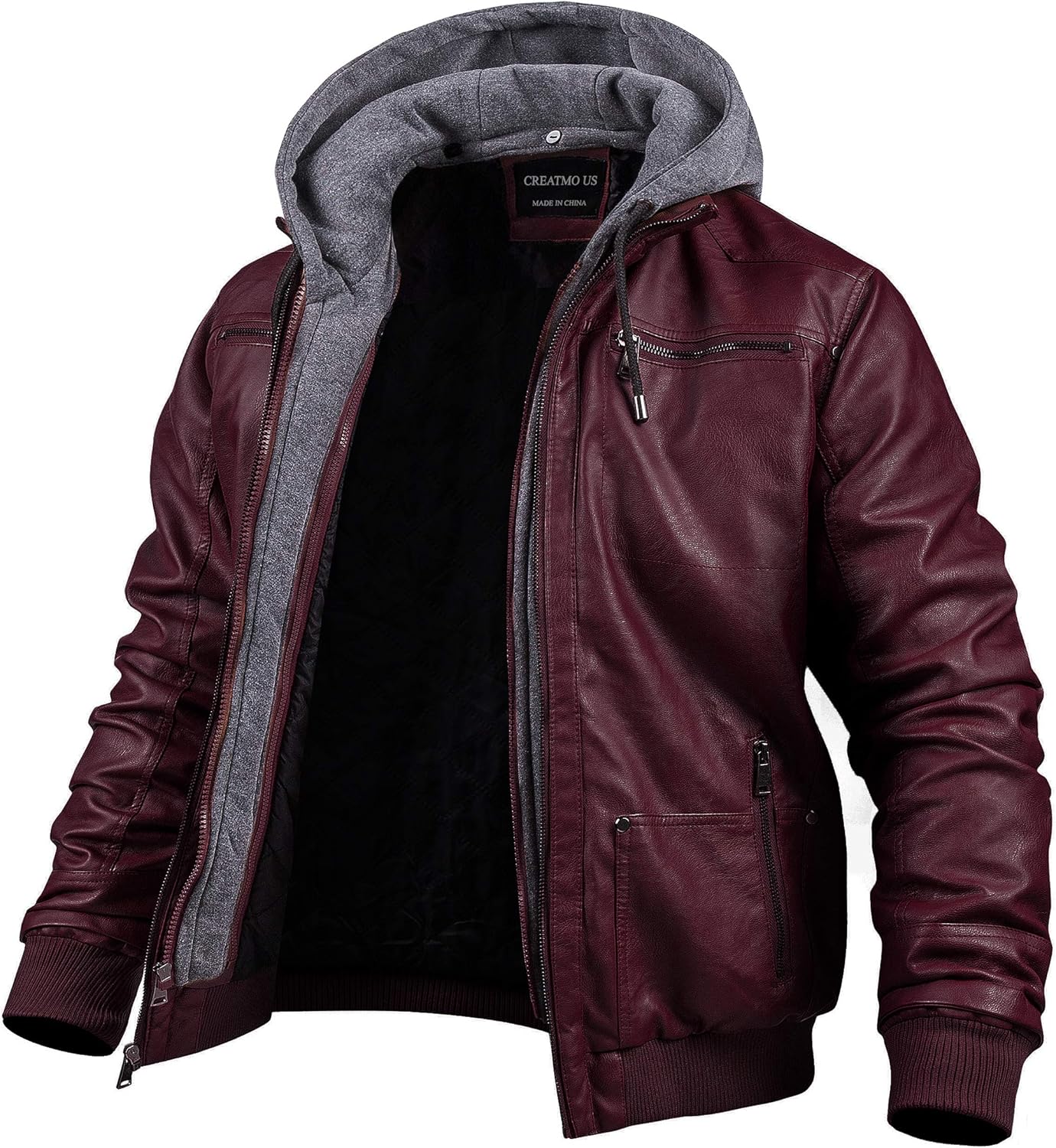 Men's Faux Leather Motorcycle Jacket with Removable Hood